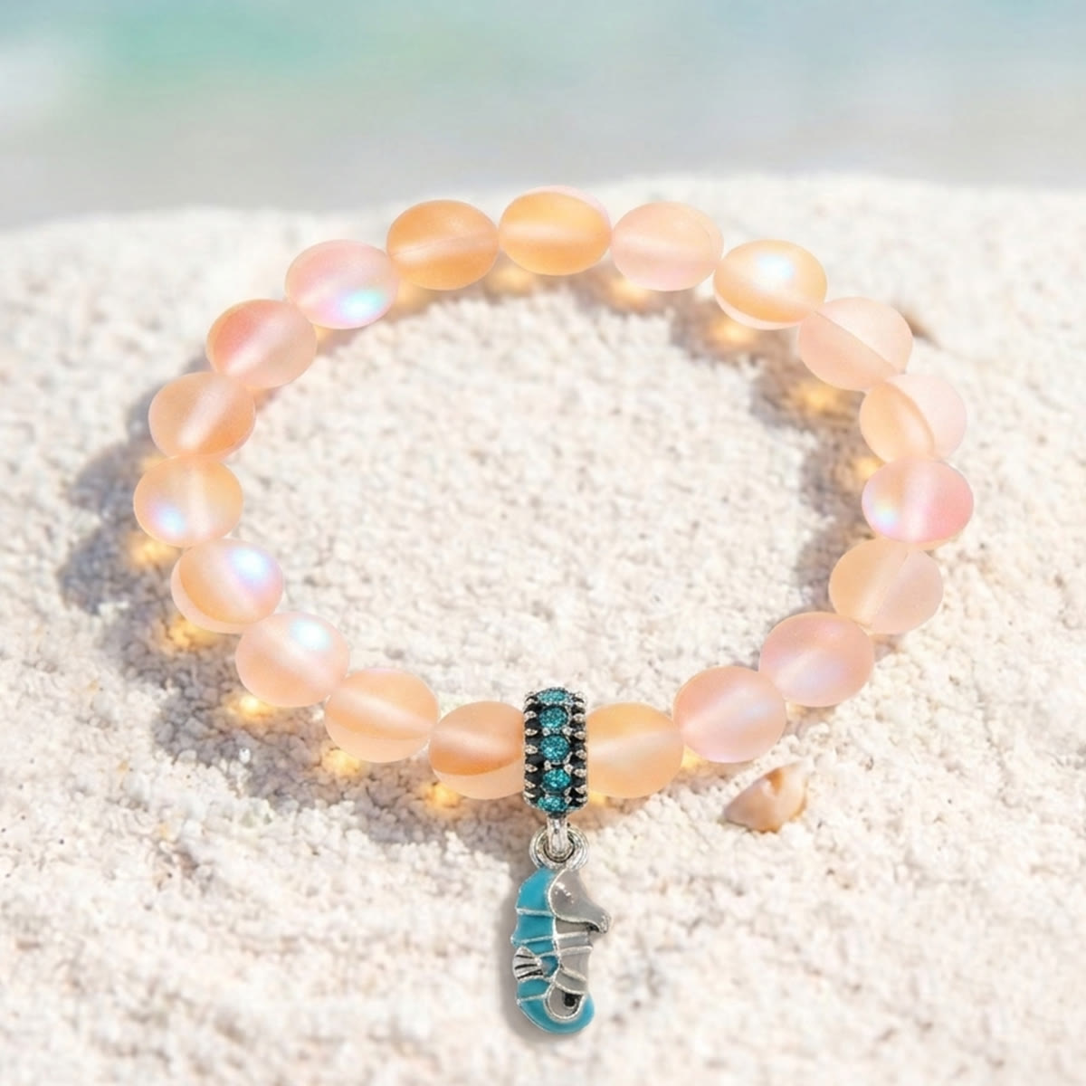 Help Save Seahorses Life Bracelet - Recycled 8mm Frosted Sea Glass Beads With Seahorse Charm - Yellow - Approx. 6.93"/17.6cm - image 16