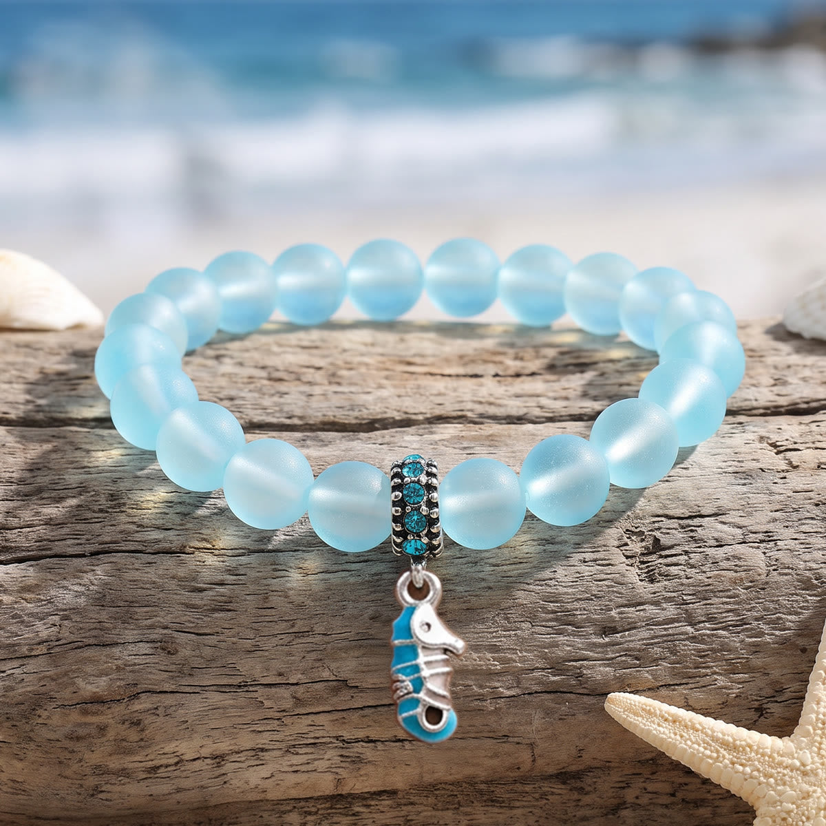 Help Save Seahorses Life Bracelet - Recycled 8mm Frosted Sea Glass Beads With Seahorse Charm - image 5