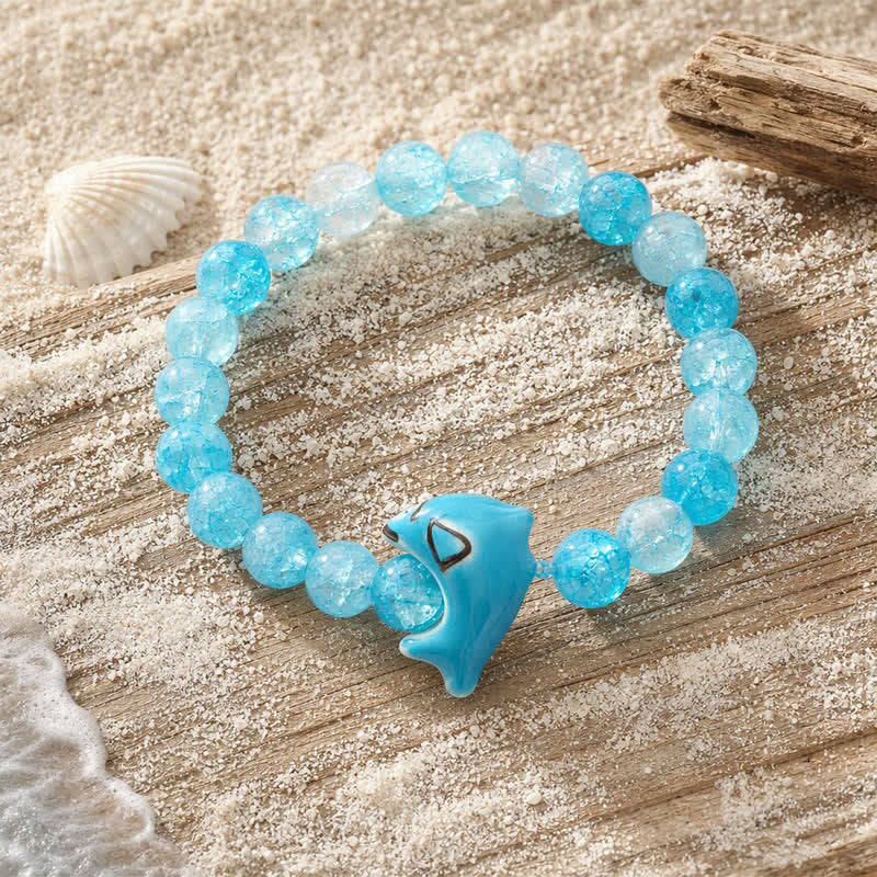 The Shark Guardian Blue Bracelet - Recycled 8mm Sea Glass Beads With Whale Shark Charm - Blue - Approx. 6.93"/17.6cm - image 2