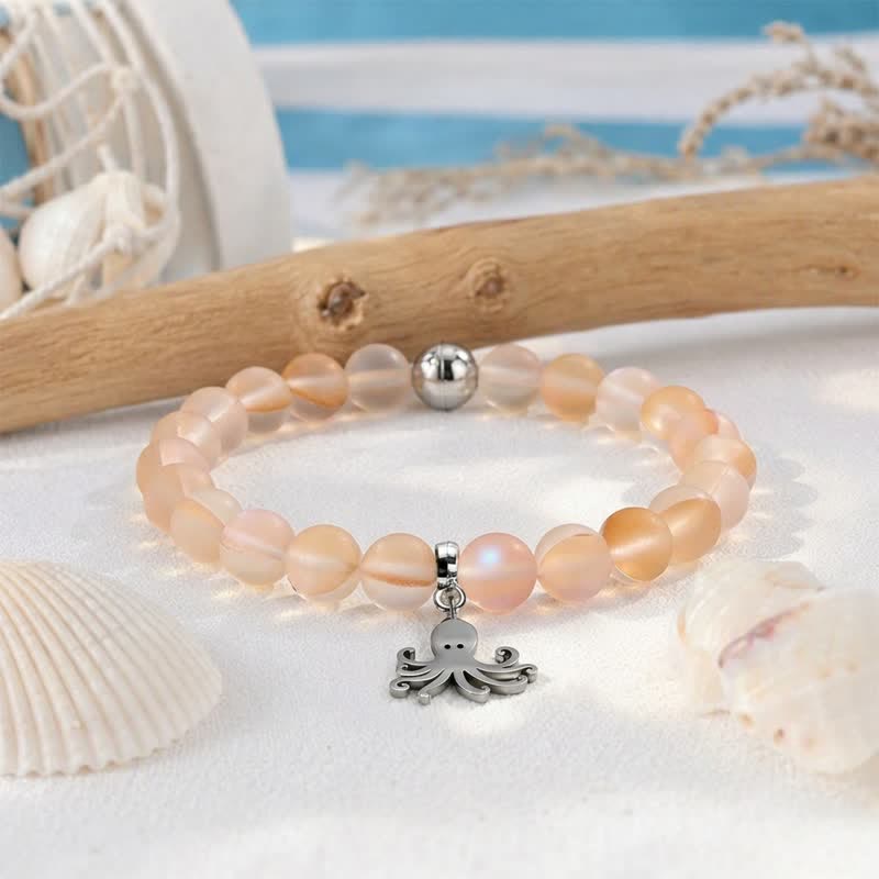 Octopus Bracelet That Cleans The Ocean - Recycled 8mm Iridescent Beads Sea Glass Beads - Orange - Approx. 6.93"/17.6cm - image 14