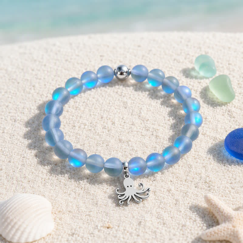 Octopus Bracelet That Cleans The Ocean - Recycled 8mm Iridescent Beads Sea Glass Beads - Blue Gray - Approx. 6.93"/17.6cm - image 10
