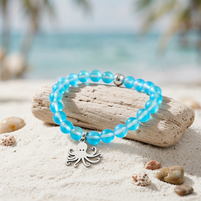 Octopus Bracelet That Cleans The Ocean - Recycled 8mm Iridescent Beads Sea Glass Beads - Blue - Approx. 6.93"/17.6cm - image 2