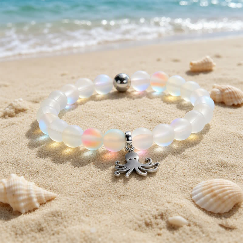 Octopus Bracelet That Cleans The Ocean - Recycled 8mm Iridescent Beads Sea Glass Beads - White - Approx. 6.93"/17.6cm - image 8