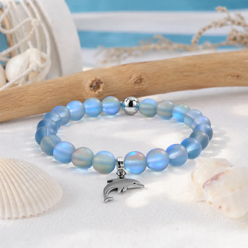 Ocean Cleanup Dolphin Bracelet From Ocean Debris - Recycled 8mm Iridescent Beads Sea Glass Beads - Blue Gray - Approx. 6.93"/17.6cm - image 12