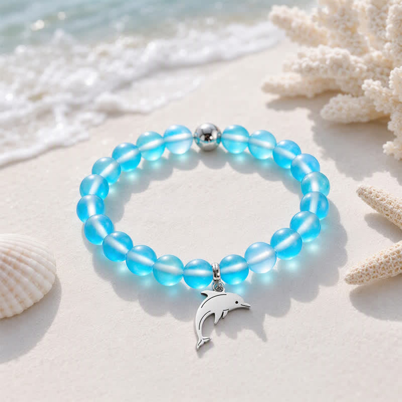 Ocean Cleanup Dolphin Bracelet From Ocean Debris - Recycled 8mm Iridescent Beads Sea Glass Beads - Blue - Approx. 6.93"/17.6cm - image 8