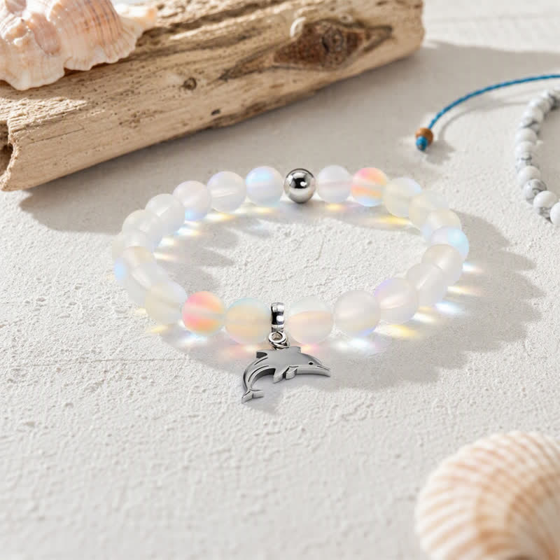 Ocean Cleanup Dolphin Bracelet From Ocean Debris - Recycled 8mm Iridescent Beads Sea Glass Beads - White - Approx. 6.93"/17.6cm - image 10