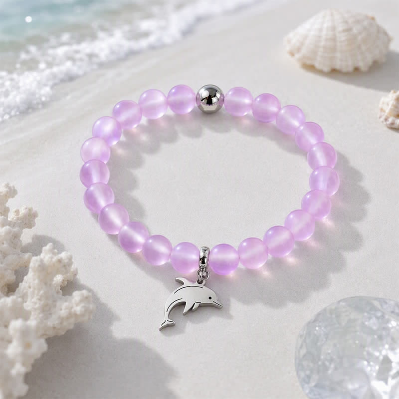 Ocean Cleanup Dolphin Bracelet From Ocean Debris - Recycled 8mm Iridescent Beads Sea Glass Beads - Purple - Approx. 6.93"/17.6cm - image 2