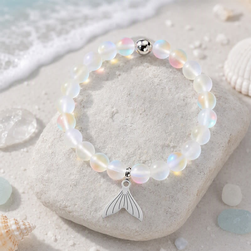 Whale Bracelet Supporting Ocean Cleanup - Recycled 8mm Iridescent Sea Glass Beads With Whale Tail Charm - White - Approx. 6.93"/17.6cm - image 2