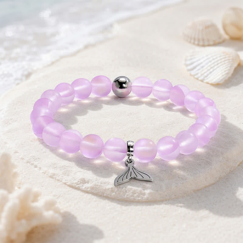 Whale Bracelet Supporting Ocean Cleanup - Recycled 8mm Iridescent Sea Glass Beads With Whale Tail Charm - Purple - Approx. 6.93"/17.6cm - image 8
