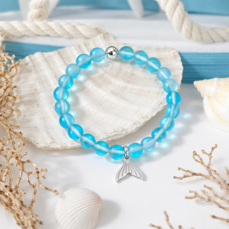Whale Bracelet Supporting Ocean Cleanup - Recycled 8mm Iridescent Sea Glass Beads With Whale Tail Charm - Blue - Approx. 6.93"/17.6cm - image 10