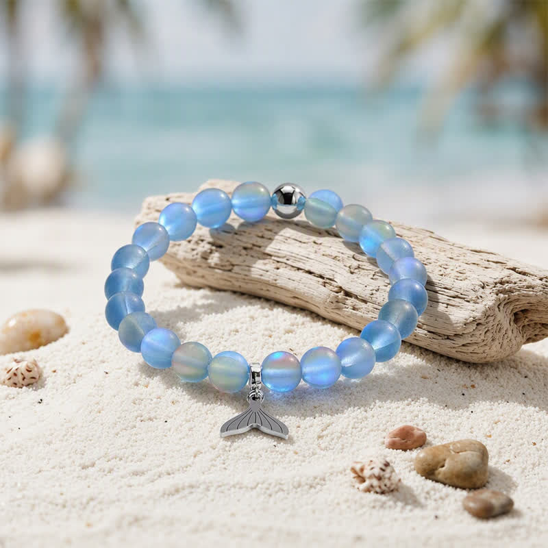 Whale Bracelet Supporting Ocean Cleanup - Recycled 8mm Iridescent Sea Glass Beads With Whale Tail Charm - Blue Gray - Approx. 6.93"/17.6cm - image 12
