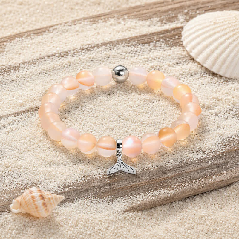 Whale Bracelet Supporting Ocean Cleanup - Recycled 8mm Iridescent Sea Glass Beads With Whale Tail Charm - Orange - Approx. 6.93"/17.6cm - image 14