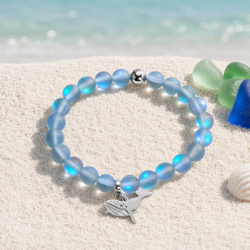 Save The Whales Bracelet - Recycled 8mm Glimmering Sea Glass Beads | Turn Ocean Trash Into Hope - Blue Gray - Approx. 6.93"/17.6cm - image 2