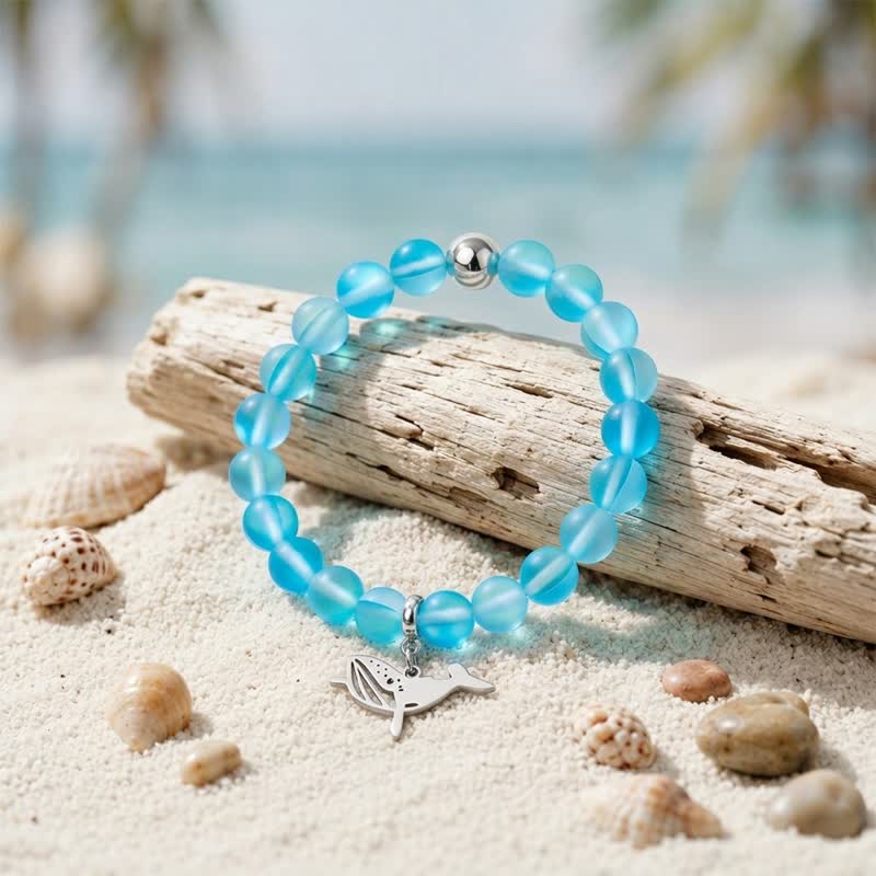 Save The Whales Bracelet - Recycled 8mm Glimmering Sea Glass Beads | Turn Ocean Trash Into Hope - Blue - Approx. 6.93"/17.6cm - image 12