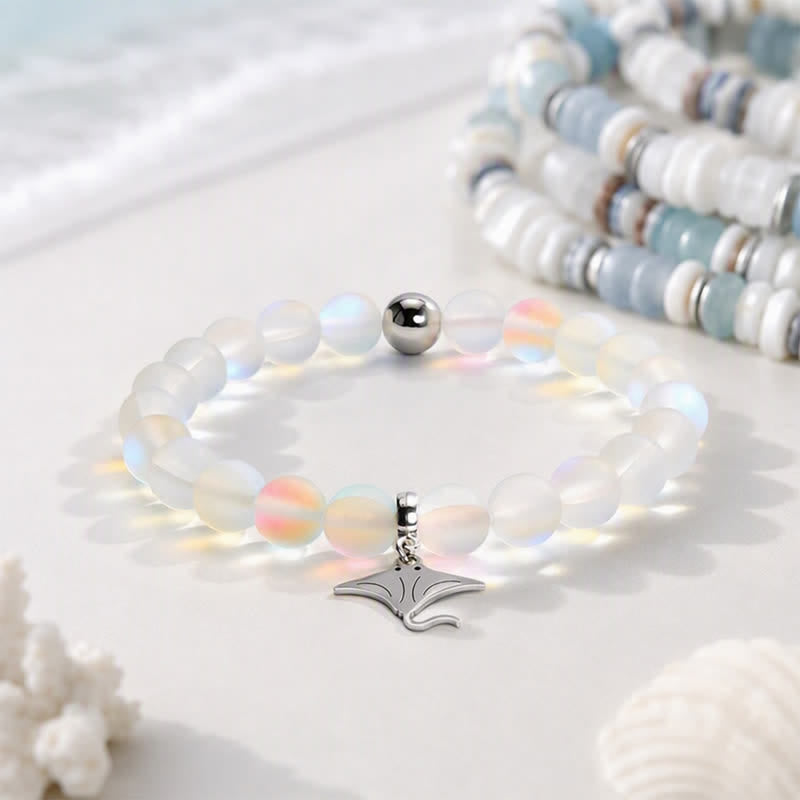 Glow Like The Ocean Manta Ray Bracelet - Recycled 8mm Glimmering Sea Glass Beads For Ocean Cleanup - White - Approx. 6.93"/17.6cm - image 8