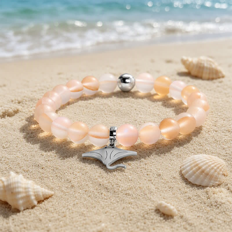 Glow Like The Ocean Manta Ray Bracelet - Recycled 8mm Glimmering Sea Glass Beads For Ocean Cleanup - Orange - Approx. 6.93"/17.6cm - image 14
