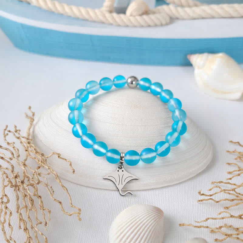 Glow Like The Ocean Manta Ray Bracelet - Recycled 8mm Glimmering Sea Glass Beads For Ocean Cleanup - Blue - Approx. 6.93"/17.6cm - image 12