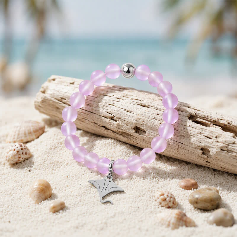 Glow Like The Ocean Manta Ray Bracelet - Recycled 8mm Glimmering Sea Glass Beads For Ocean Cleanup - Purple - Approx. 6.93"/17.6cm - image 10