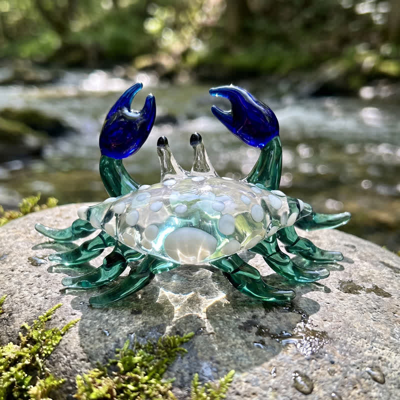Hand Blown Glass Crab Figurine Decor - White Spotted Crab Collectible - Lake Blue - image 0