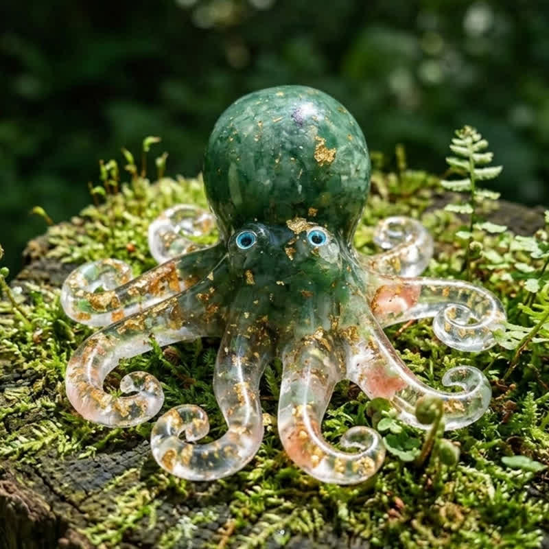 Healing Crystal Octopus Sea Animal Decor - Handmade Resin Glass Octopus with Gold Flakes - Green - image 0
