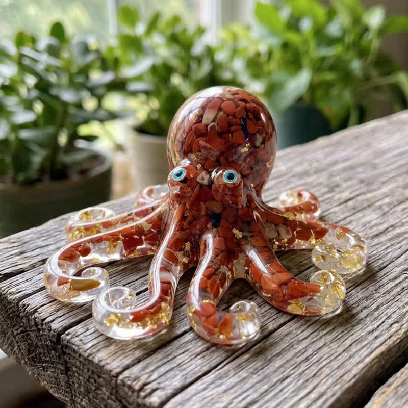 Healing Crystal Octopus Sea Animal Decor - Handmade Resin Glass Octopus with Gold Flakes - Red - image 11