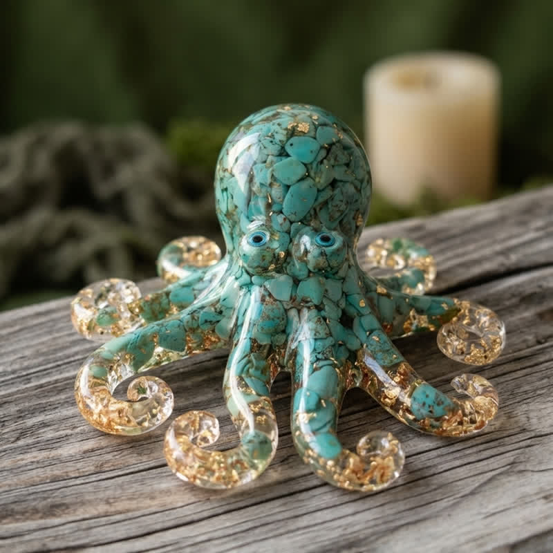 Healing Crystal Octopus Sea Animal Decor - Handmade Resin Glass Octopus with Gold Flakes - Turquoise - image 9