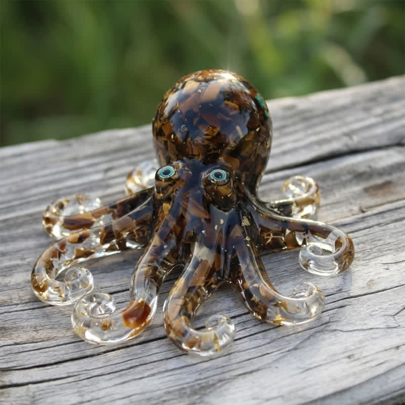 Healing Crystal Octopus Sea Animal Decor - Handmade Resin Glass Octopus with Gold Flakes - Brown - image 13