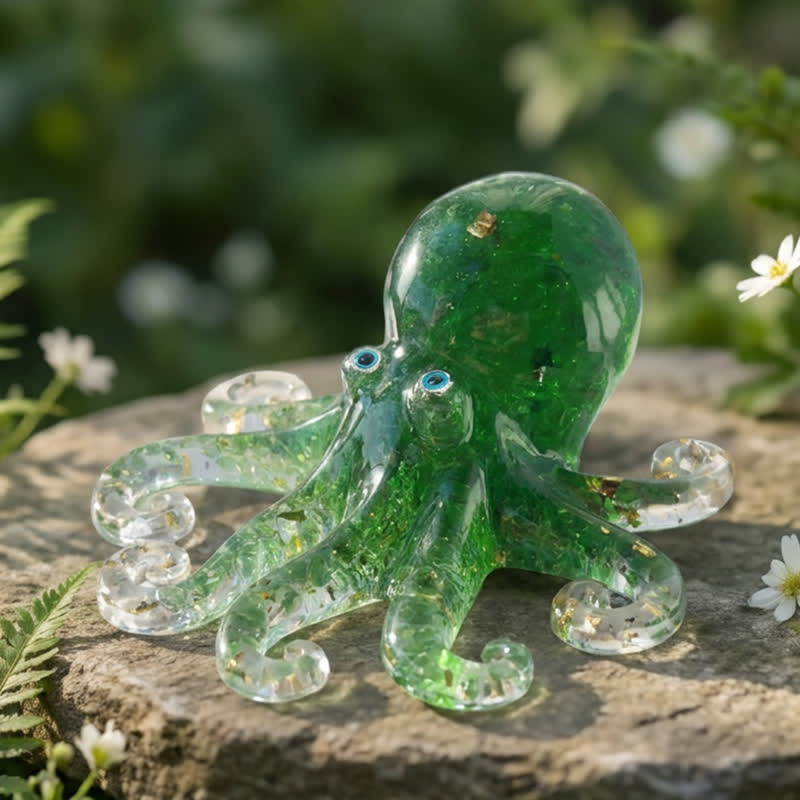 Healing Crystal Octopus Sea Animal Decor - Handmade Resin Glass Octopus with Gold Flakes - Spring Green - image 7