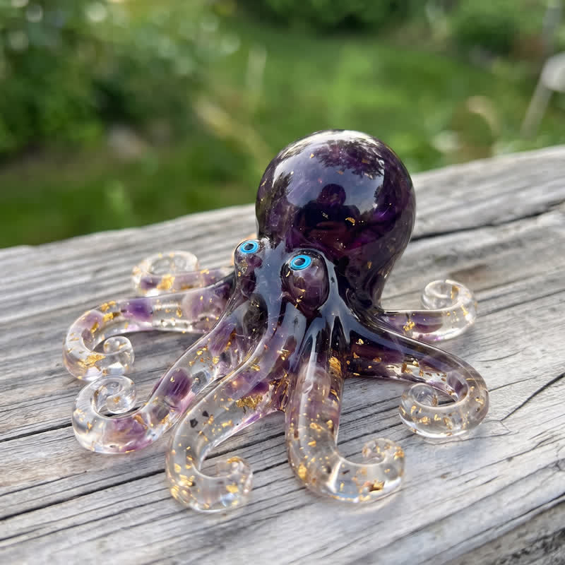 Healing Crystal Octopus Sea Animal Decor - Handmade Resin Glass Octopus with Gold Flakes - Purple - image 3