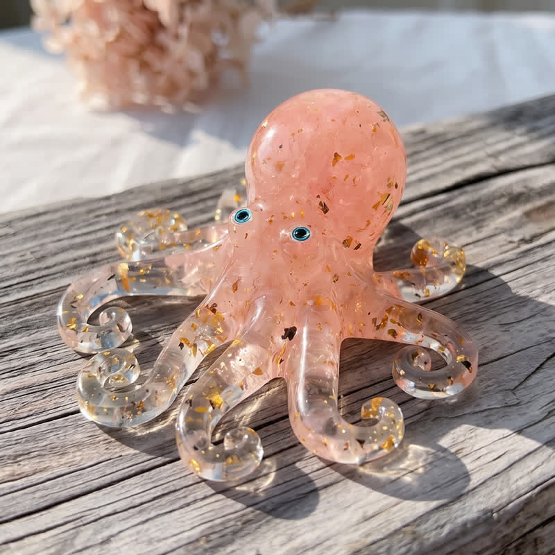 Healing Crystal Octopus Sea Animal Decor - Handmade Resin Glass Octopus with Gold Flakes - Light Pink - image 2
