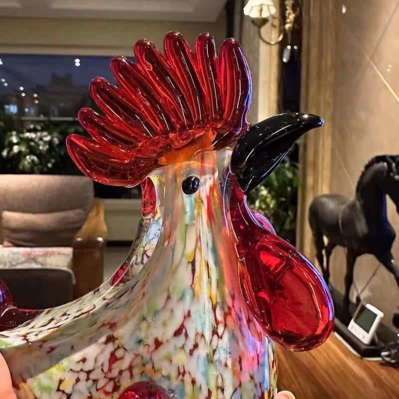 Hand Blown Glass Rooster Figurine - Multicolor Confetti Glass Chicken Statue Decor - image 3
