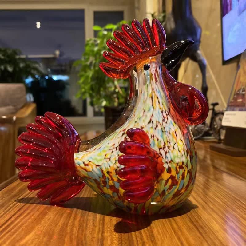 Hand Blown Glass Rooster Figurine - Multicolor Confetti Glass Chicken Statue Decor - image 4