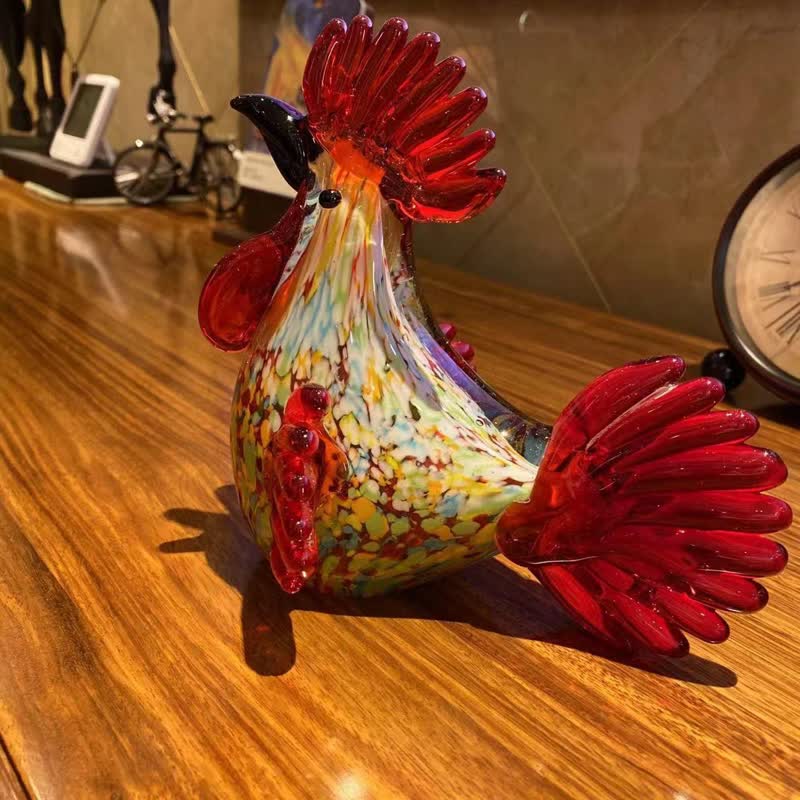 Hand Blown Glass Rooster Figurine - Multicolor Confetti Glass Chicken Statue Decor - image 1