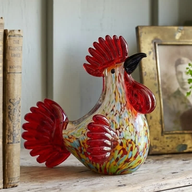 Hand Blown Glass Rooster Figurine - Multicolor Confetti Glass Chicken Statue Decor - image 2
