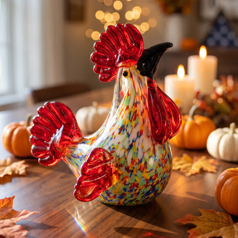 Hand Blown Glass Rooster Figurine - Multicolor Confetti Glass Chicken Statue Decor - Red - image 0