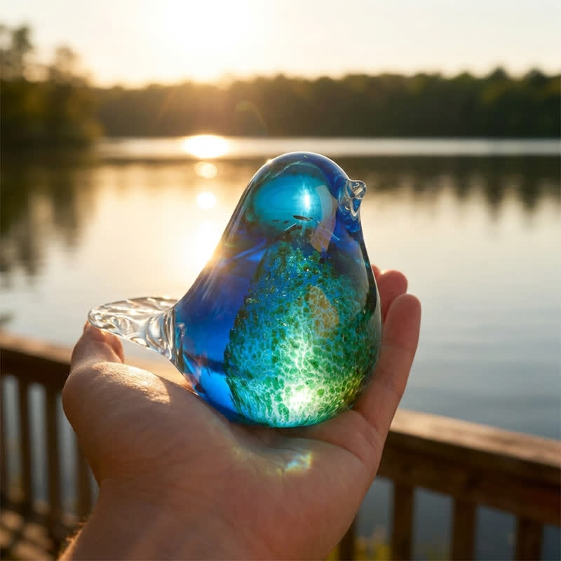 Art Glass Bird Statue with Golden Speckled Breast - Handcrafted Ocean Sunset Glass Bird - Dark Blue - image 4