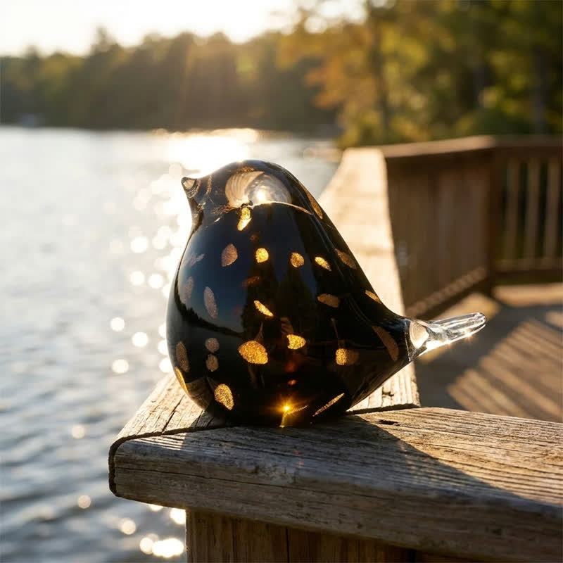 Art Glass Bird Statue with Golden Speckled Breast - Handcrafted Ocean Sunset Glass Bird - Black - image 6