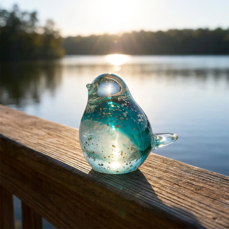 Art Glass Bird Statue with Golden Speckled Breast - Handcrafted Ocean Sunset Glass Bird - Teal - image 5