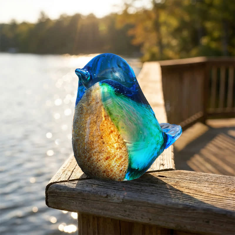 Art Glass Bird Statue with Golden Speckled Breast - Handcrafted Ocean Sunset Glass Bird - Blue - image 0