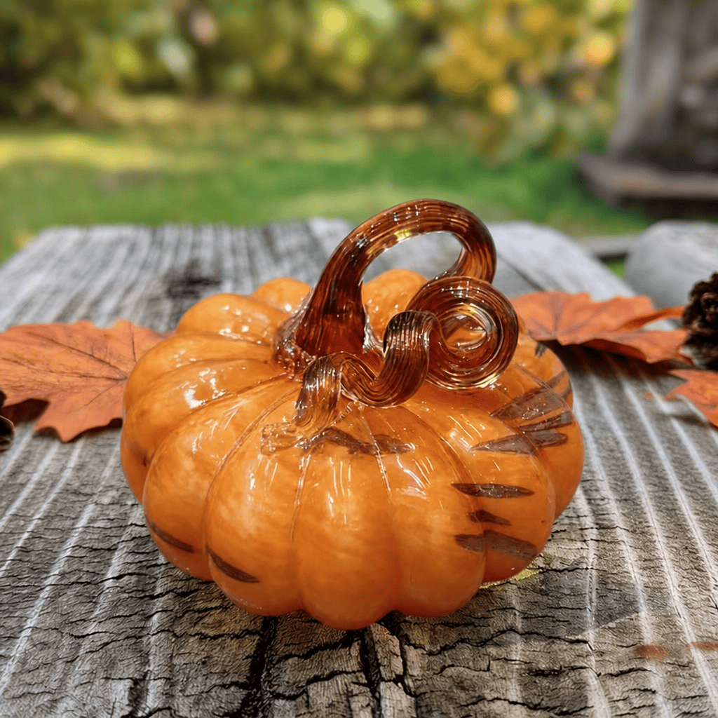 Pumpkin Figurines With Curly Stem - Handcrafted Fall Table Decor - Orange - image 0
