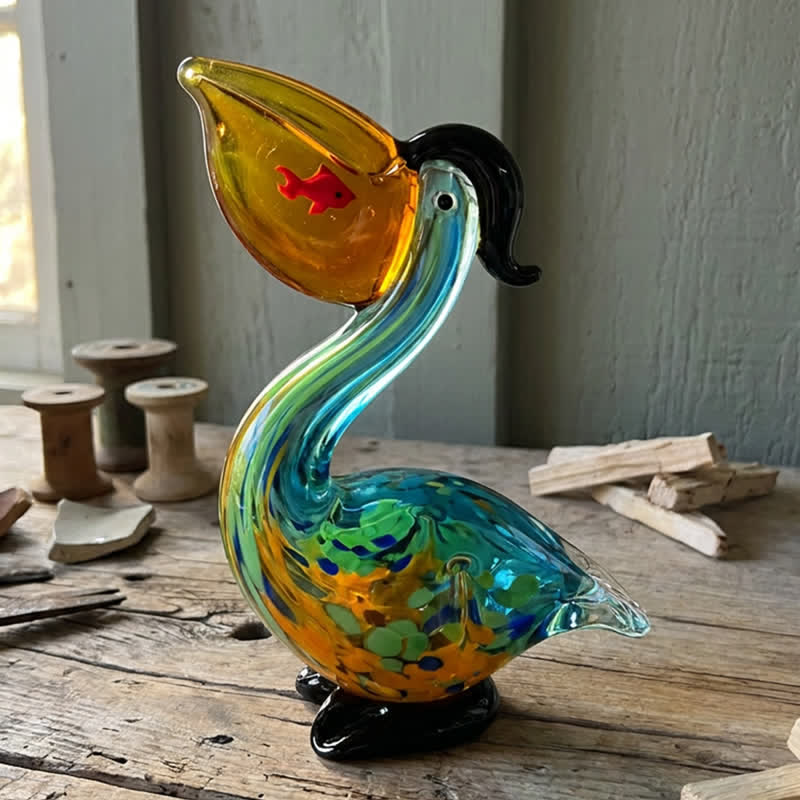 Coastal Art Glass Red Fish Pelican Figurine - Handblown Colorful Art Glass | Ocean Decor - Pelican - image 0