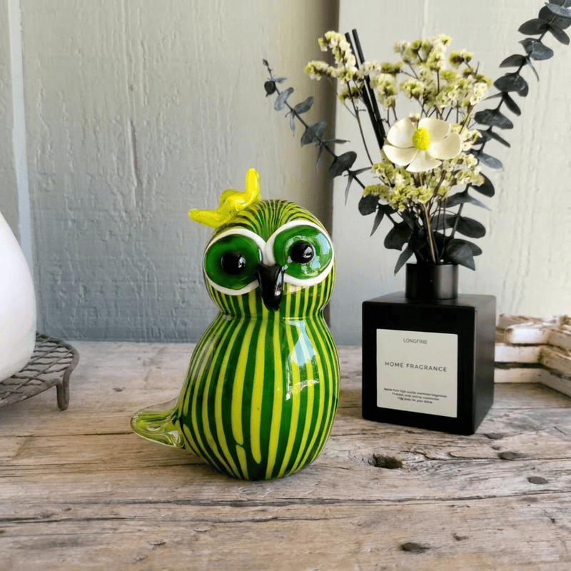 Green & Yellow Striped Watermelon Owl Figurine - Handblown Art Glass Ornament - image 1