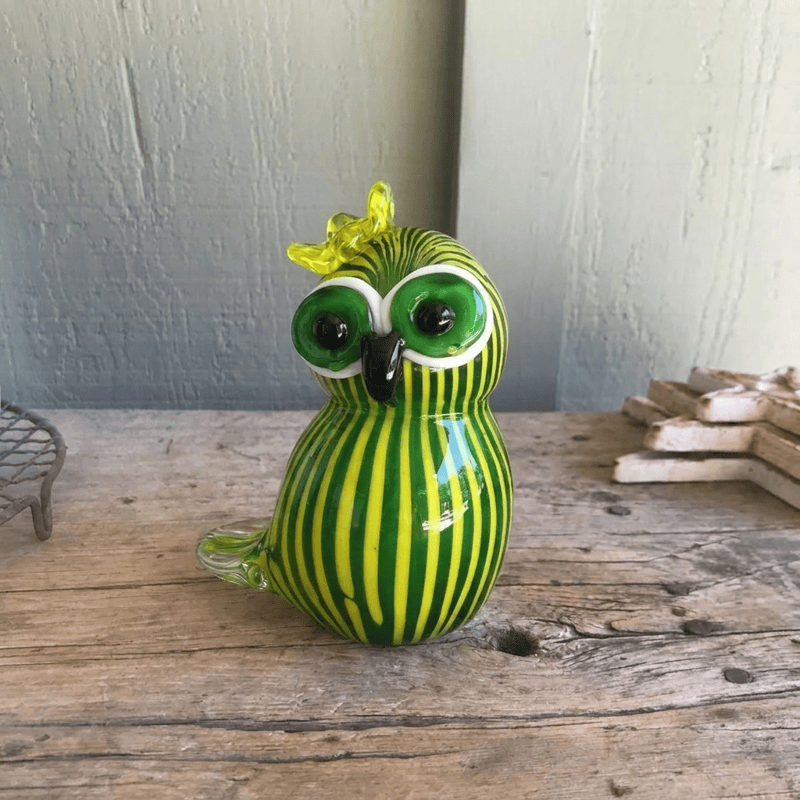 Green & Yellow Striped Watermelon Owl Figurine - Handblown Art Glass Ornament - image 3
