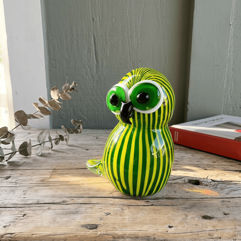 Green & Yellow Striped Watermelon Owl Figurine - Handblown Art Glass Ornament - image 2