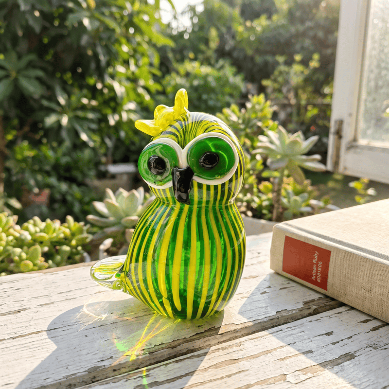 Green & Yellow Striped Watermelon Owl Figurine - Handblown Art Glass Ornament - Green & Yellow - image 0