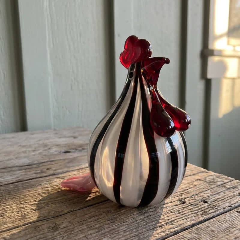 Striped Monsieur Rooster Sculpture - Handblown Glass Chicken Figurine With Red Comb - image 2