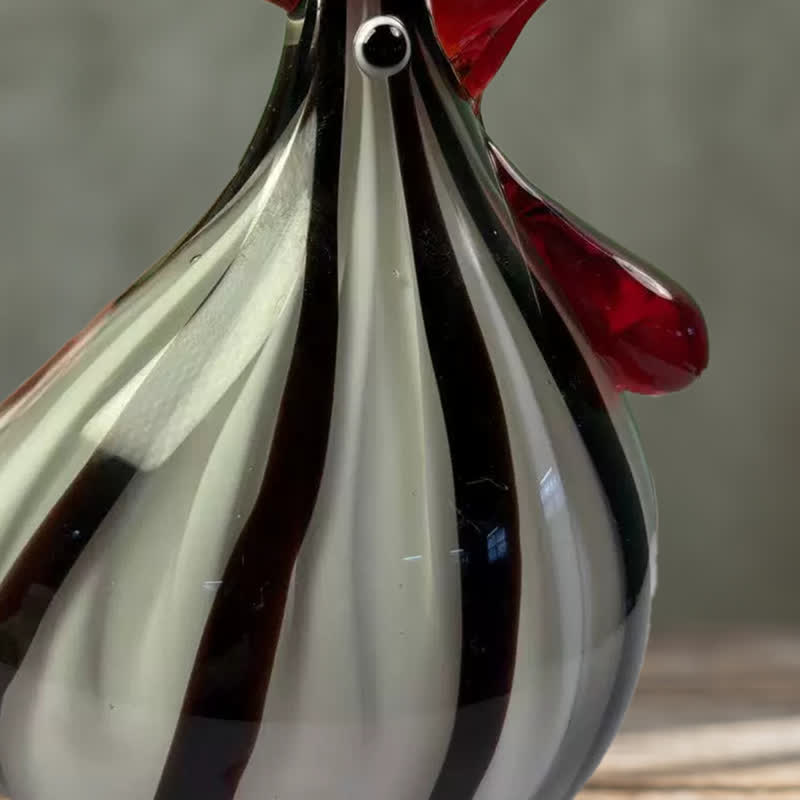 Striped Monsieur Rooster Sculpture - Handblown Glass Chicken Figurine With Red Comb - image 4