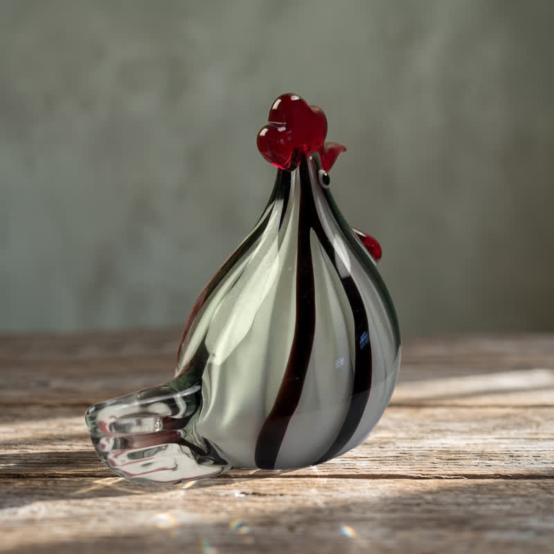 Striped Monsieur Rooster Sculpture - Handblown Glass Chicken Figurine With Red Comb - image 3