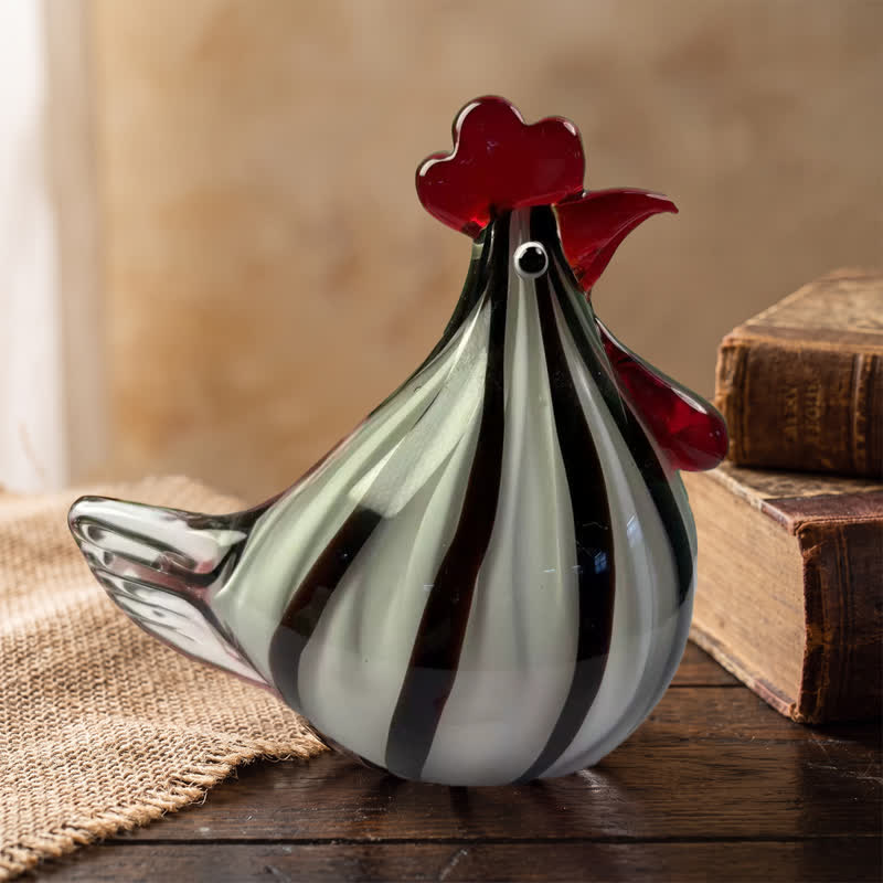 Striped Monsieur Rooster Sculpture - Handblown Glass Chicken Figurine With Red Comb - image 1