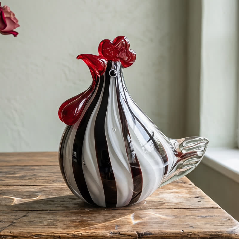 Striped Monsieur Rooster Sculpture - Handblown Glass Chicken Figurine With Red Comb - Rooster - image 0